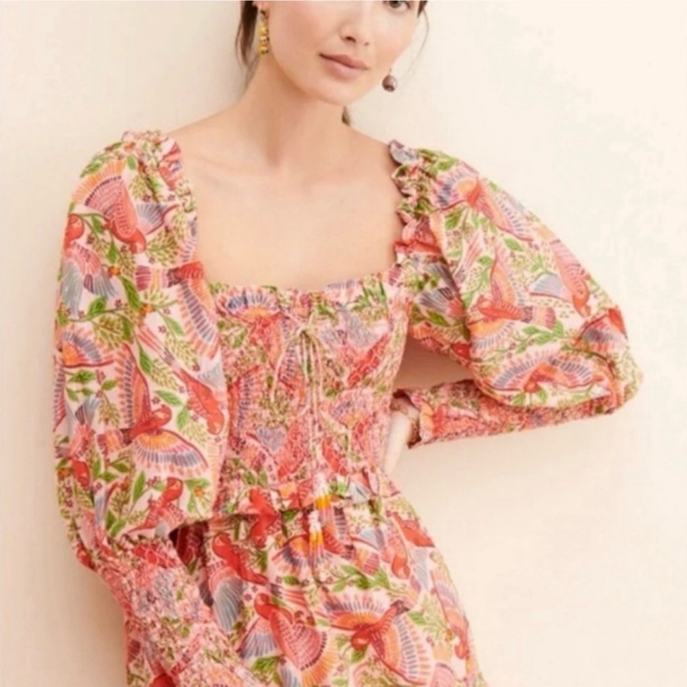 Farm Río Anthropologie Maxi Dress Macaw Flight Smocked Top Pink Midium - Picture 15 of 16